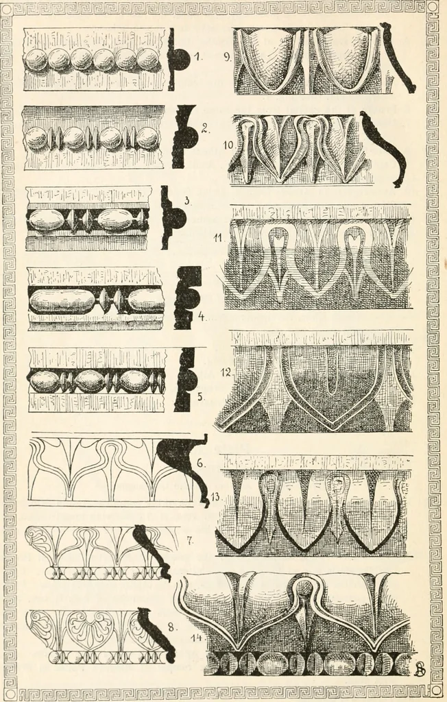 An illustration from Styles of ornament, exhibited in designs, and arranged in historical order, with descriptive text. A handbook for architects, designers, painters, sculptors, wood-carvers, chasers, modellers, cabinet-makers and artistic locksmiths as well as also for technical schools, libraries and private study, 1910, leaf 61
