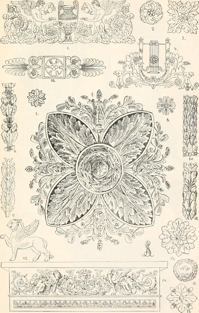 An illustration from Styles of ornament, exhibited in designs, and arranged in historical order, with descriptive text. A handbook for architects, designers, painters, sculptors, wood-carvers, chasers, modellers, cabinet-makers and artistic locksmiths as well as also for technical schools, libraries and private study, 1910, leaf 612