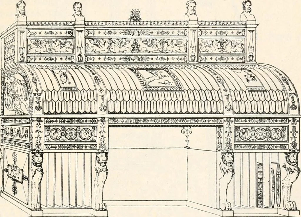 An illustration from Styles of ornament, exhibited in designs, and arranged in historical order, with descriptive text. A handbook for architects, designers, painters, sculptors, wood-carvers, chasers, modellers, cabinet-makers and artistic locksmiths as well as also for technical schools, libraries and private study, 1910, leaf 614