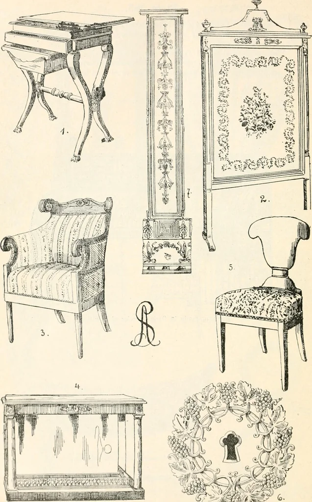 An illustration from Styles of ornament, exhibited in designs, and arranged in historical order, with descriptive text. A handbook for architects, designers, painters, sculptors, wood-carvers, chasers, modellers, cabinet-makers and artistic locksmiths as well as also for technical schools, libraries and private study, 1910, leaf 615