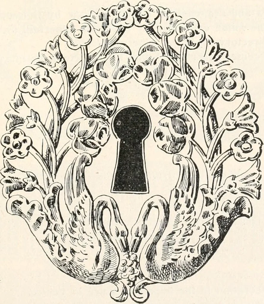 An illustration from Styles of ornament, exhibited in designs, and arranged in historical order, with descriptive text. A handbook for architects, designers, painters, sculptors, wood-carvers, chasers, modellers, cabinet-makers and artistic locksmiths as well as also for technical schools, libraries and private study, 1910, leaf 616