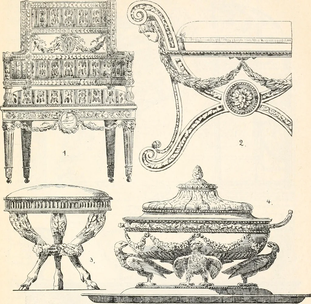 An illustration from Styles of ornament, exhibited in designs, and arranged in historical order, with descriptive text. A handbook for architects, designers, painters, sculptors, wood-carvers, chasers, modellers, cabinet-makers and artistic locksmiths as well as also for technical schools, libraries and private study, 1910, leaf 618