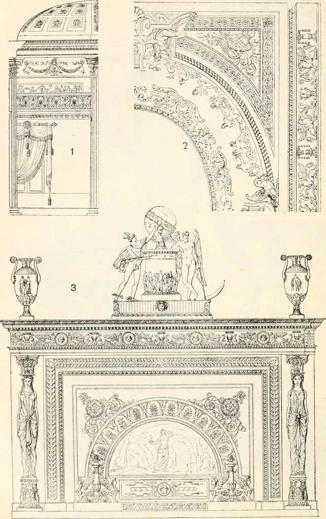 An illustration from Styles of ornament, exhibited in designs, and arranged in historical order, with descriptive text. A handbook for architects, designers, painters, sculptors, wood-carvers, chasers, modellers, cabinet-makers and artistic locksmiths as well as also for technical schools, libraries and private study, 1910, leaf 619