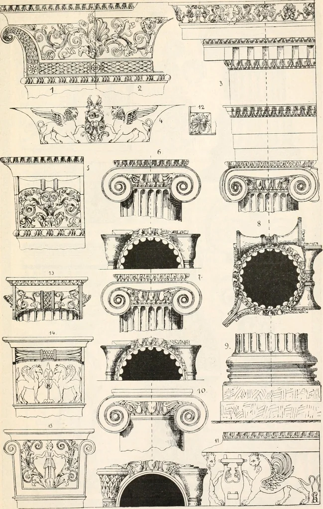 An illustration from Styles of ornament, exhibited in designs, and arranged in historical order, with descriptive text. A handbook for architects, designers, painters, sculptors, wood-carvers, chasers, modellers, cabinet-makers and artistic locksmiths as well as also for technical schools, libraries and private study, 1910, leaf 62