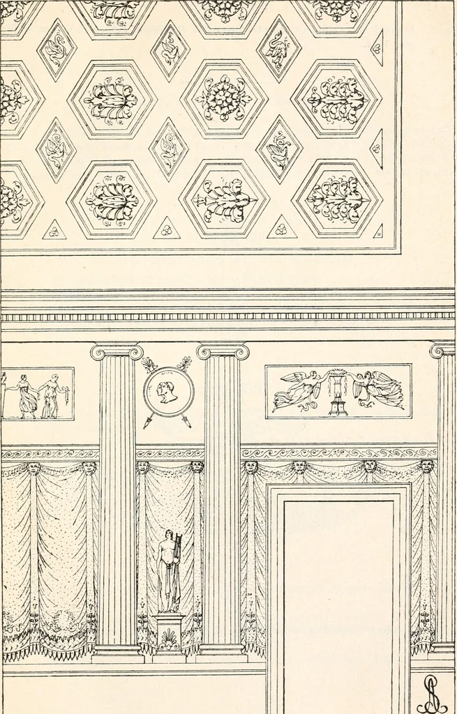 An illustration from Styles of ornament, exhibited in designs, and arranged in historical order, with descriptive text. A handbook for architects, designers, painters, sculptors, wood-carvers, chasers, modellers, cabinet-makers and artistic locksmiths as well as also for technical schools, libraries and private study, 1910, leaf 620