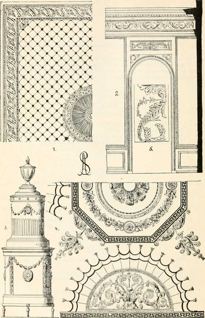 An illustration from Styles of ornament, exhibited in designs, and arranged in historical order, with descriptive text. A handbook for architects, designers, painters, sculptors, wood-carvers, chasers, modellers, cabinet-makers and artistic locksmiths as well as also for technical schools, libraries and private study, 1910, leaf 623