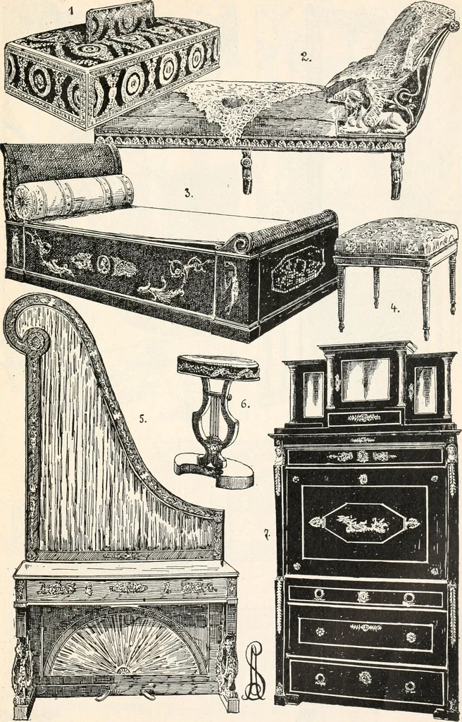 An illustration from Styles of ornament, exhibited in designs, and arranged in historical order, with descriptive text. A handbook for architects, designers, painters, sculptors, wood-carvers, chasers, modellers, cabinet-makers and artistic locksmiths as well as also for technical schools, libraries and private study, 1910, leaf 624