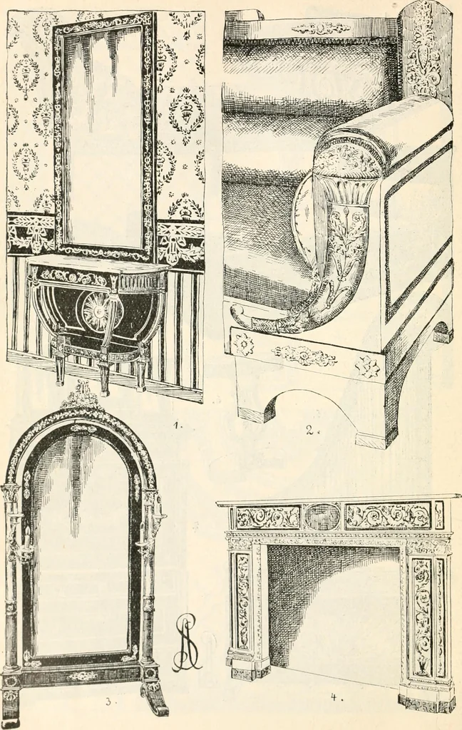 An illustration from Styles of ornament, exhibited in designs, and arranged in historical order, with descriptive text. A handbook for architects, designers, painters, sculptors, wood-carvers, chasers, modellers, cabinet-makers and artistic locksmiths as well as also for technical schools, libraries and private study, 1910, leaf 625