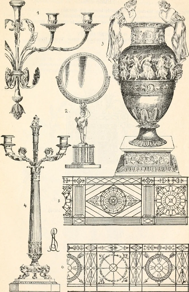 An illustration from Styles of ornament, exhibited in designs, and arranged in historical order, with descriptive text. A handbook for architects, designers, painters, sculptors, wood-carvers, chasers, modellers, cabinet-makers and artistic locksmiths as well as also for technical schools, libraries and private study, 1910, leaf 626