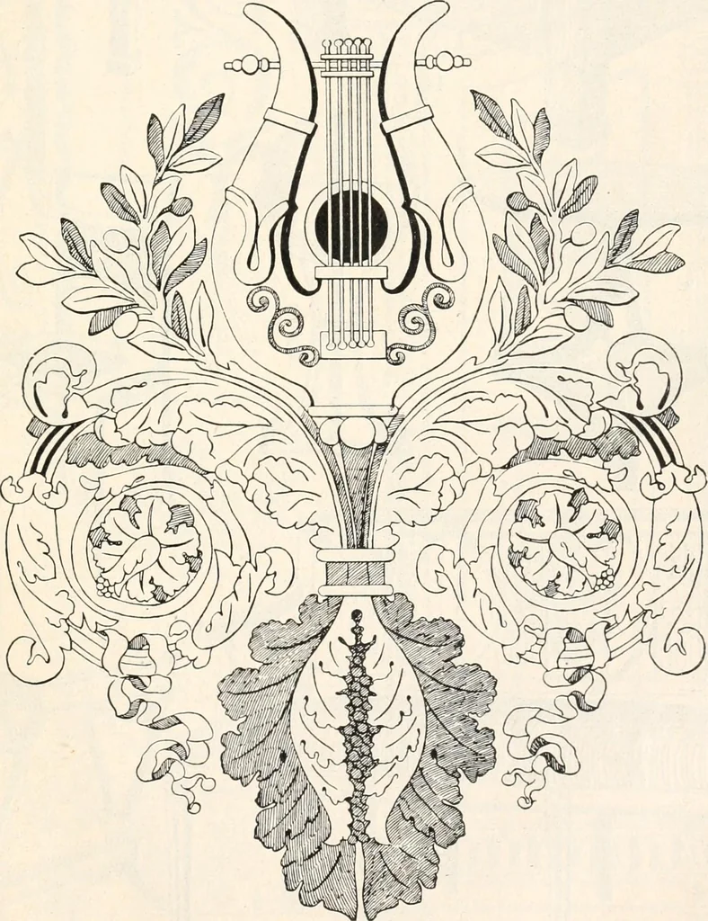 An illustration from Styles of ornament, exhibited in designs, and arranged in historical order, with descriptive text. A handbook for architects, designers, painters, sculptors, wood-carvers, chasers, modellers, cabinet-makers and artistic locksmiths as well as also for technical schools, libraries and private study, 1910, leaf 628