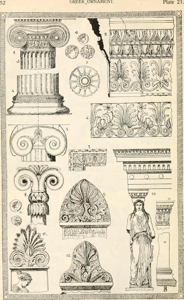 An illustration from Styles of ornament, exhibited in designs, and arranged in historical order, with descriptive text. A handbook for architects, designers, painters, sculptors, wood-carvers, chasers, modellers, cabinet-makers and artistic locksmiths as well as also for technical schools, libraries and private study, 1910, leaf 63