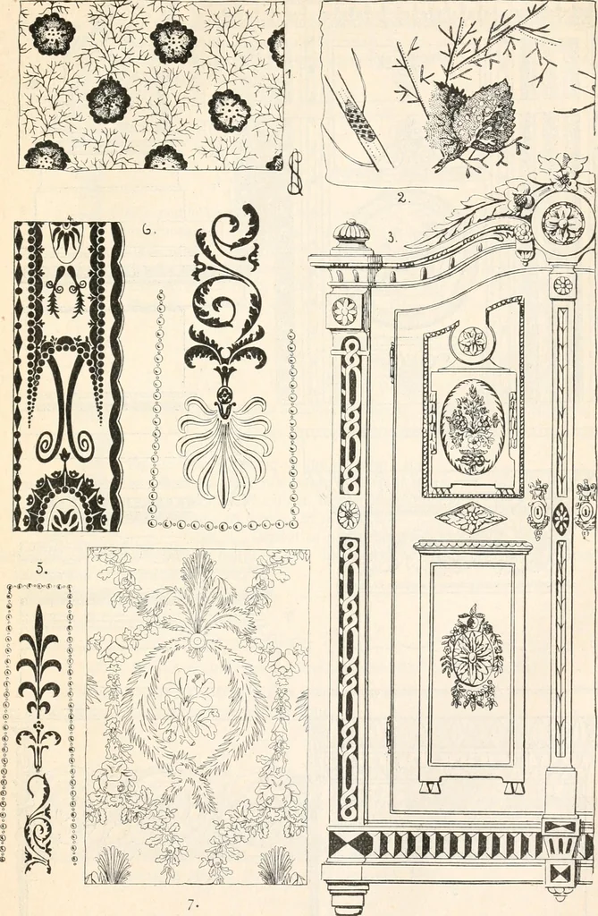 An illustration from Styles of ornament, exhibited in designs, and arranged in historical order, with descriptive text. A handbook for architects, designers, painters, sculptors, wood-carvers, chasers, modellers, cabinet-makers and artistic locksmiths as well as also for technical schools, libraries and private study, 1910, leaf 630