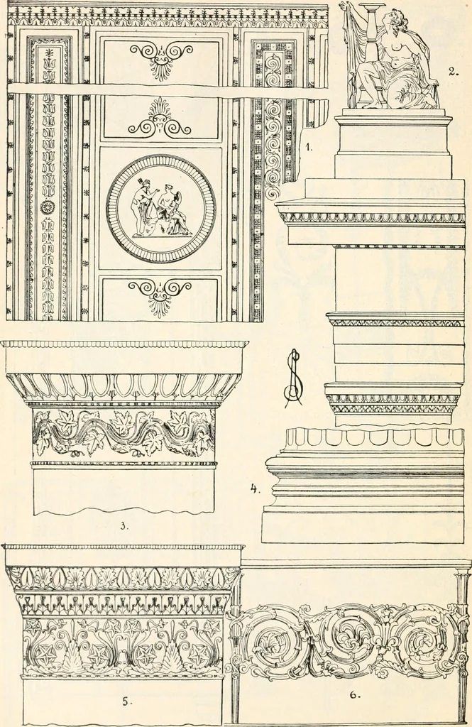 An illustration from Styles of ornament, exhibited in designs, and arranged in historical order, with descriptive text. A handbook for architects, designers, painters, sculptors, wood-carvers, chasers, modellers, cabinet-makers and artistic locksmiths as well as also for technical schools, libraries and private study, 1910, leaf 631