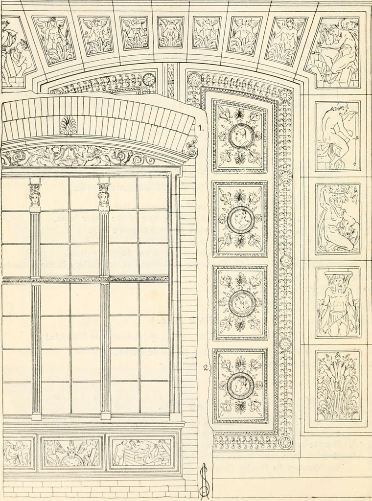 An illustration from Styles of ornament, exhibited in designs, and arranged in historical order, with descriptive text. A handbook for architects, designers, painters, sculptors, wood-carvers, chasers, modellers, cabinet-makers and artistic locksmiths as well as also for technical schools, libraries and private study, 1910, leaf 633
