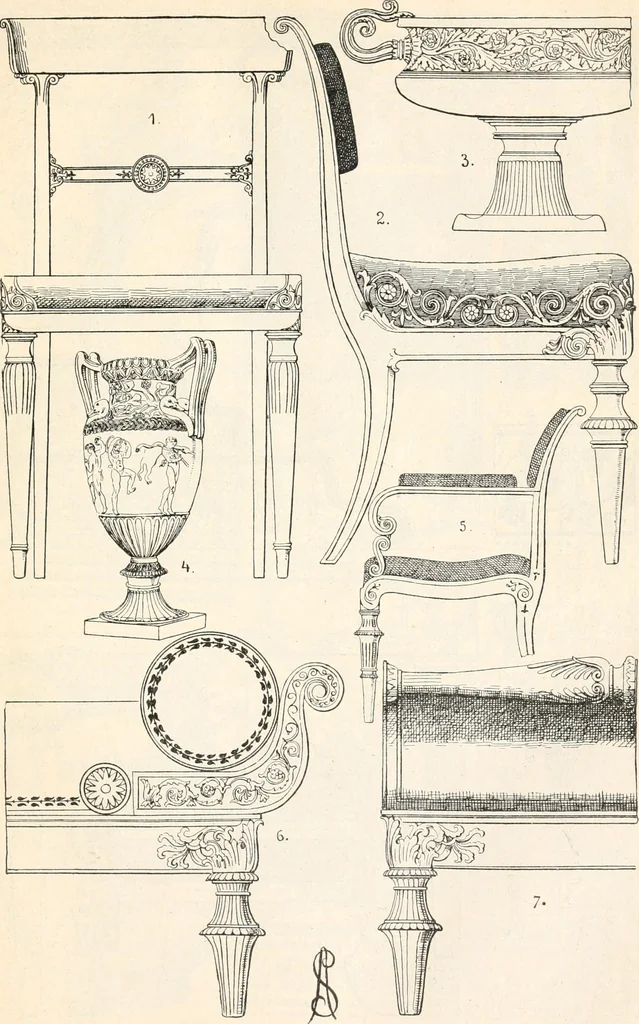 An illustration from Styles of ornament, exhibited in designs, and arranged in historical order, with descriptive text. A handbook for architects, designers, painters, sculptors, wood-carvers, chasers, modellers, cabinet-makers and artistic locksmiths as well as also for technical schools, libraries and private study, 1910, leaf 634