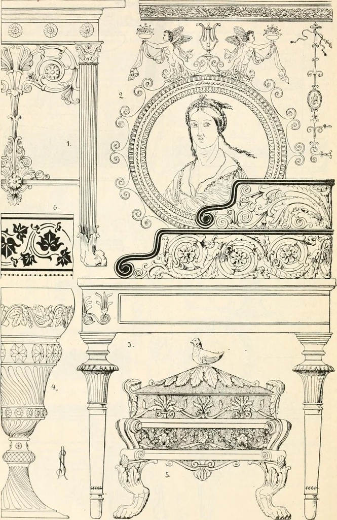 An illustration from Styles of ornament, exhibited in designs, and arranged in historical order, with descriptive text. A handbook for architects, designers, painters, sculptors, wood-carvers, chasers, modellers, cabinet-makers and artistic locksmiths as well as also for technical schools, libraries and private study, 1910, leaf 635