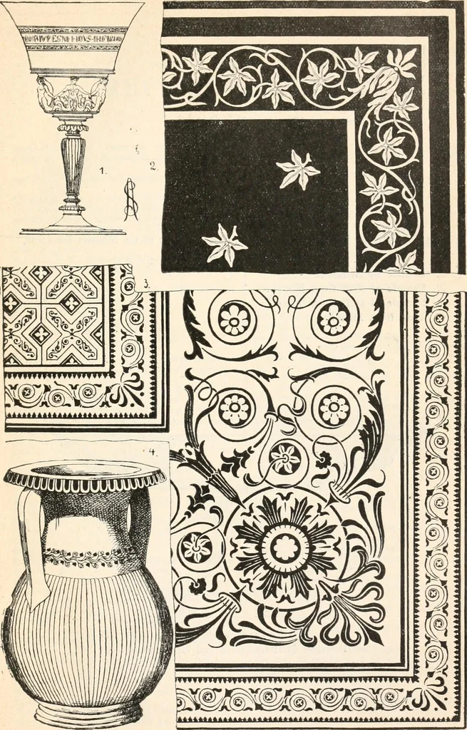 An illustration from Styles of ornament, exhibited in designs, and arranged in historical order, with descriptive text. A handbook for architects, designers, painters, sculptors, wood-carvers, chasers, modellers, cabinet-makers and artistic locksmiths as well as also for technical schools, libraries and private study, 1910, leaf 636