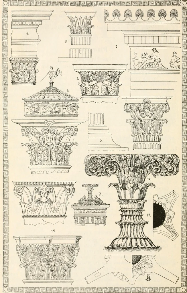 An illustration from Styles of ornament, exhibited in designs, and arranged in historical order, with descriptive text. A handbook for architects, designers, painters, sculptors, wood-carvers, chasers, modellers, cabinet-makers and artistic locksmiths as well as also for technical schools, libraries and private study, 1910, leaf 65