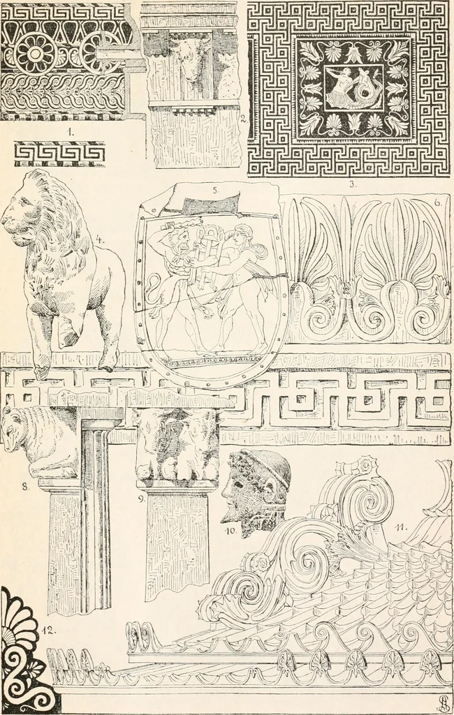 An illustration from Styles of ornament, exhibited in designs, and arranged in historical order, with descriptive text. A handbook for architects, designers, painters, sculptors, wood-carvers, chasers, modellers, cabinet-makers and artistic locksmiths as well as also for technical schools, libraries and private study, 1910, leaf 66