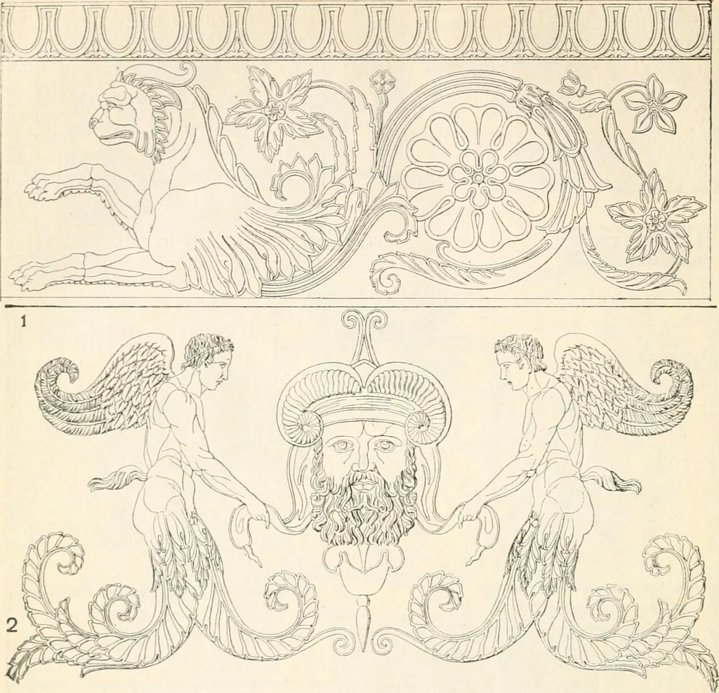 An illustration from Styles of ornament, exhibited in designs, and arranged in historical order, with descriptive text. A handbook for architects, designers, painters, sculptors, wood-carvers, chasers, modellers, cabinet-makers and artistic locksmiths as well as also for technical schools, libraries and private study, 1910, leaf 67