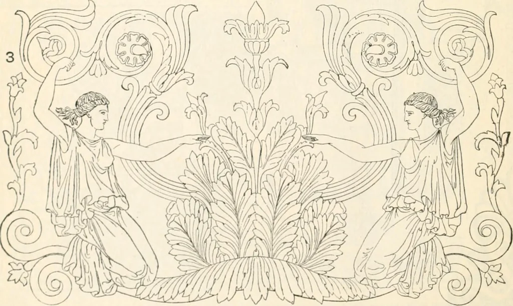 An illustration from Styles of ornament, exhibited in designs, and arranged in historical order, with descriptive text. A handbook for architects, designers, painters, sculptors, wood-carvers, chasers, modellers, cabinet-makers and artistic locksmiths as well as also for technical schools, libraries and private study, 1910, leaf 67