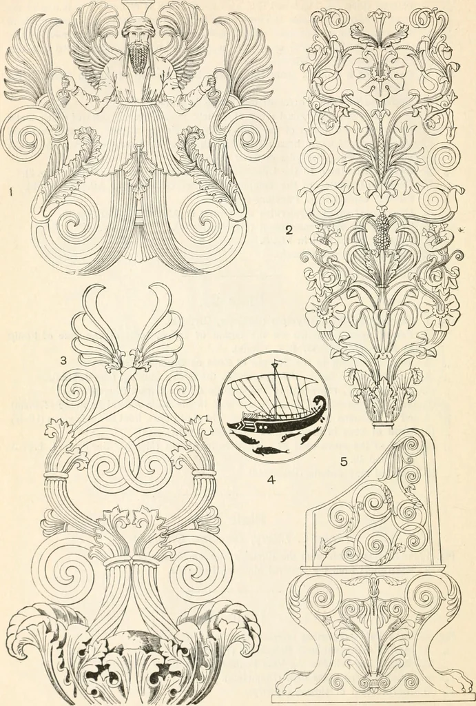 An illustration from Styles of ornament, exhibited in designs, and arranged in historical order, with descriptive text. A handbook for architects, designers, painters, sculptors, wood-carvers, chasers, modellers, cabinet-makers and artistic locksmiths as well as also for technical schools, libraries and private study, 1910, leaf 69