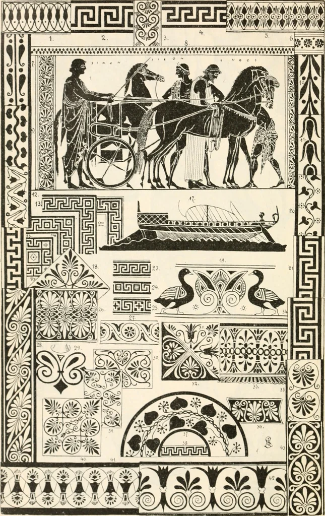 An illustration from Styles of ornament, exhibited in designs, and arranged in historical order, with descriptive text. A handbook for architects, designers, painters, sculptors, wood-carvers, chasers, modellers, cabinet-makers and artistic locksmiths as well as also for technical schools, libraries and private study, 1910, leaf 71