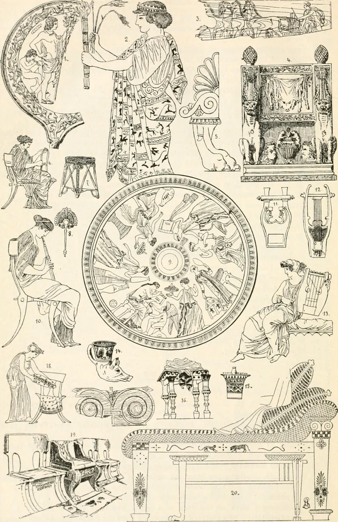An illustration from Styles of ornament, exhibited in designs, and arranged in historical order, with descriptive text. A handbook for architects, designers, painters, sculptors, wood-carvers, chasers, modellers, cabinet-makers and artistic locksmiths as well as also for technical schools, libraries and private study, 1910, leaf 73