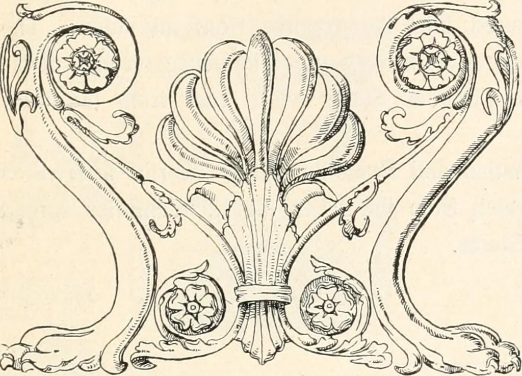 An illustration from Styles of ornament, exhibited in designs, and arranged in historical order, with descriptive text. A handbook for architects, designers, painters, sculptors, wood-carvers, chasers, modellers, cabinet-makers and artistic locksmiths as well as also for technical schools, libraries and private study, 1910, leaf 82