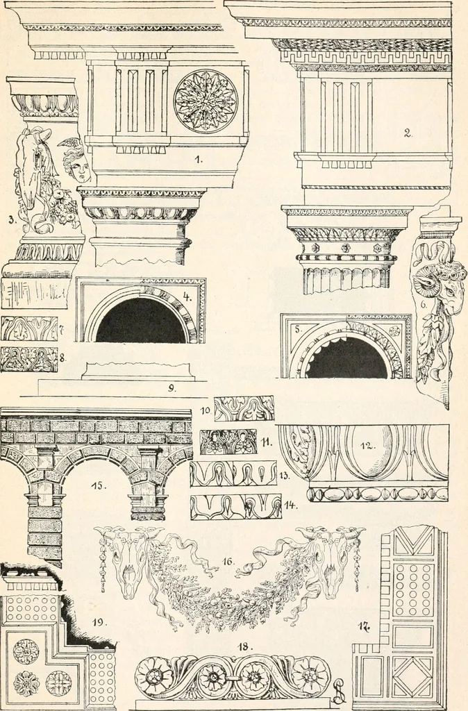 An illustration from Styles of ornament, exhibited in designs, and arranged in historical order, with descriptive text. A handbook for architects, designers, painters, sculptors, wood-carvers, chasers, modellers, cabinet-makers and artistic locksmiths as well as also for technical schools, libraries and private study, 1910, leaf 84
