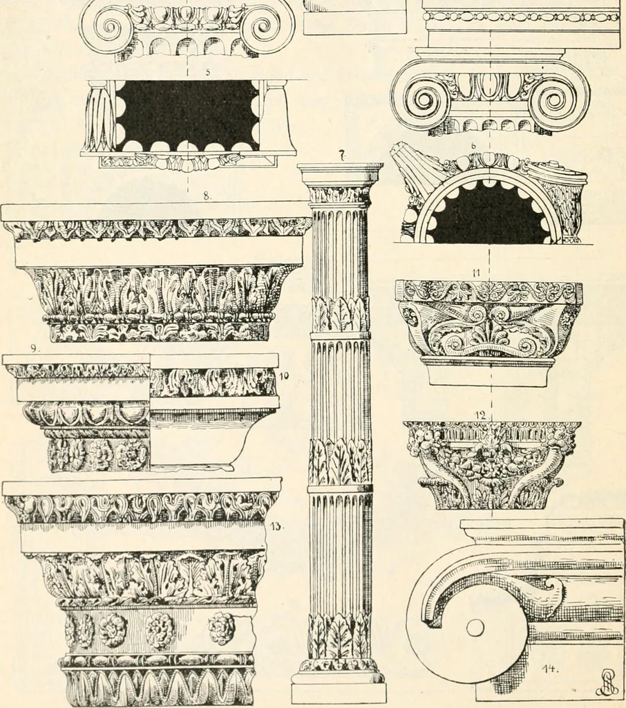 An illustration from Styles of ornament, exhibited in designs, and arranged in historical order, with descriptive text. A handbook for architects, designers, painters, sculptors, wood-carvers, chasers, modellers, cabinet-makers and artistic locksmiths as well as also for technical schools, libraries and private study, 1910, leaf 85