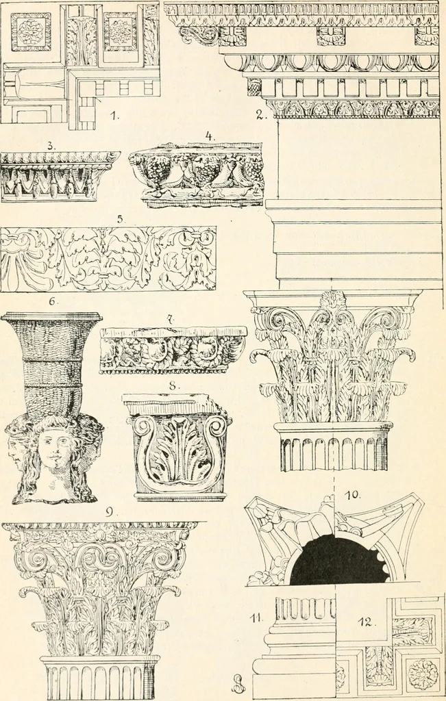 An illustration from Styles of ornament, exhibited in designs, and arranged in historical order, with descriptive text. A handbook for architects, designers, painters, sculptors, wood-carvers, chasers, modellers, cabinet-makers and artistic locksmiths as well as also for technical schools, libraries and private study, 1910, leaf 87