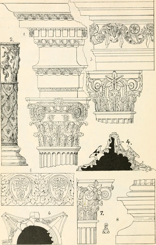 An illustration from Styles of ornament, exhibited in designs, and arranged in historical order, with descriptive text. A handbook for architects, designers, painters, sculptors, wood-carvers, chasers, modellers, cabinet-makers and artistic locksmiths as well as also for technical schools, libraries and private study, 1910, leaf 89