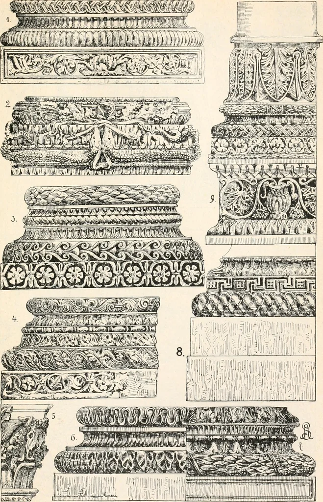 An illustration from Styles of ornament, exhibited in designs, and arranged in historical order, with descriptive text. A handbook for architects, designers, painters, sculptors, wood-carvers, chasers, modellers, cabinet-makers and artistic locksmiths as well as also for technical schools, libraries and private study, 1910, leaf 90