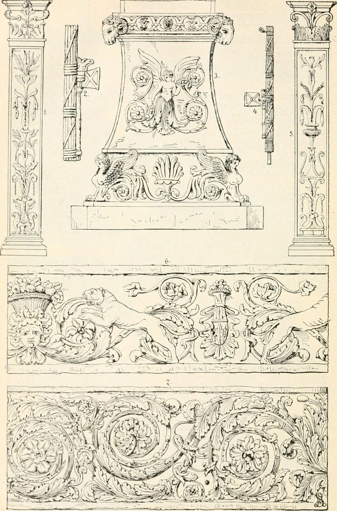 An illustration from Styles of ornament, exhibited in designs, and arranged in historical order, with descriptive text. A handbook for architects, designers, painters, sculptors, wood-carvers, chasers, modellers, cabinet-makers and artistic locksmiths as well as also for technical schools, libraries and private study, 1910, leaf 91