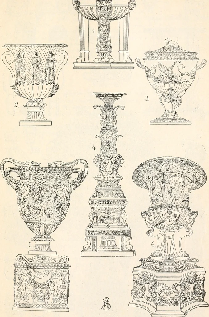 An illustration from Styles of ornament, exhibited in designs, and arranged in historical order, with descriptive text. A handbook for architects, designers, painters, sculptors, wood-carvers, chasers, modellers, cabinet-makers and artistic locksmiths as well as also for technical schools, libraries and private study, 1910, leaf 94