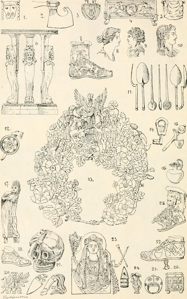 An illustration from Styles of ornament, exhibited in designs, and arranged in historical order, with descriptive text. A handbook for architects, designers, painters, sculptors, wood-carvers, chasers, modellers, cabinet-makers and artistic locksmiths as well as also for technical schools, libraries and private study, 1910, leaf 95