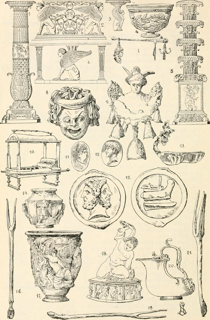An illustration from Styles of ornament, exhibited in designs, and arranged in historical order, with descriptive text. A handbook for architects, designers, painters, sculptors, wood-carvers, chasers, modellers, cabinet-makers and artistic locksmiths as well as also for technical schools, libraries and private study, 1910, leaf 97
