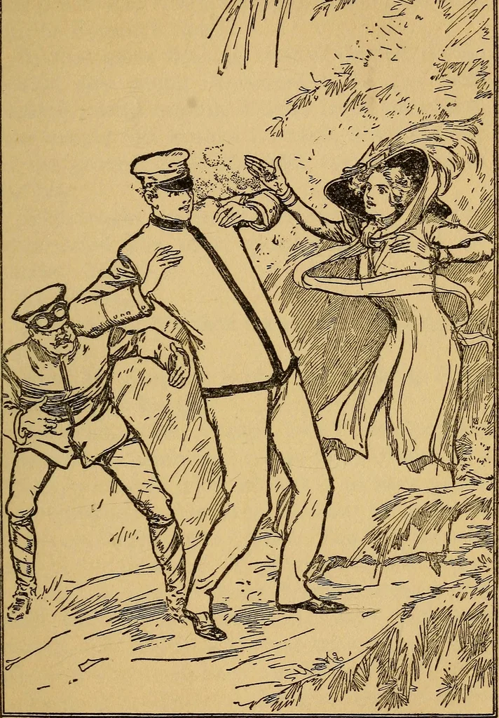 An illustration from The submarine boys and the spies : or, Dodging the sharks of the deep, 1910, leaf 118