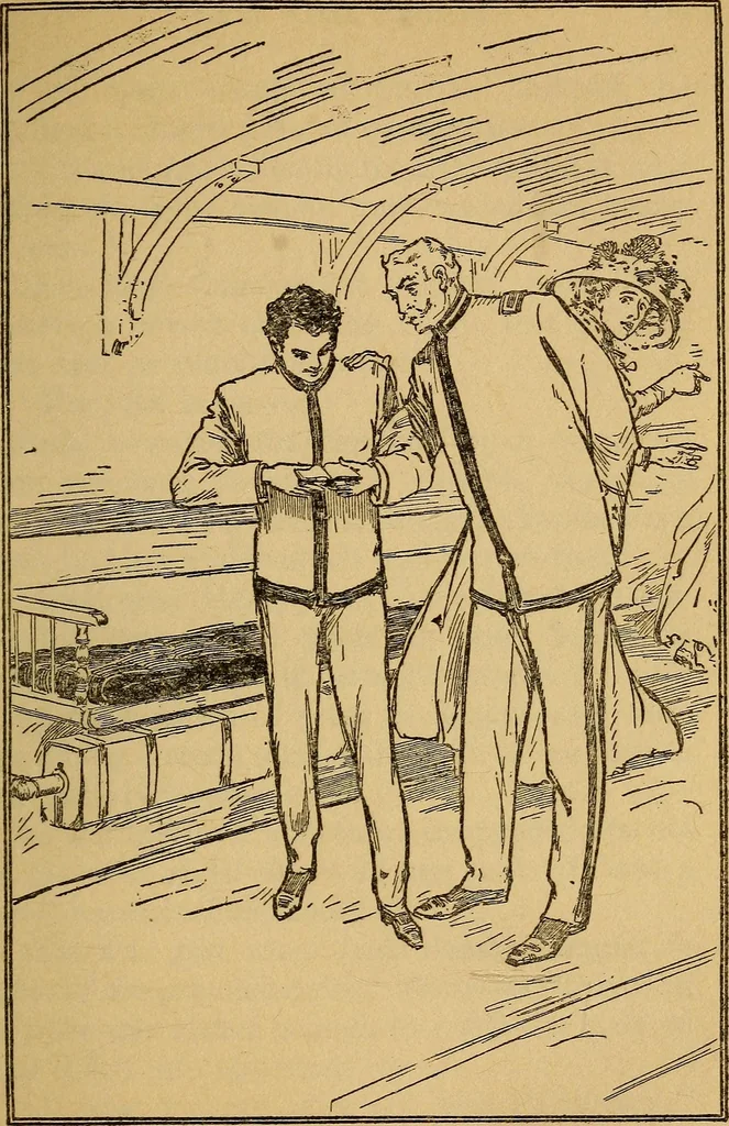 An illustration from The submarine boys and the spies : or, Dodging the sharks of the deep, 1910, leaf 170
