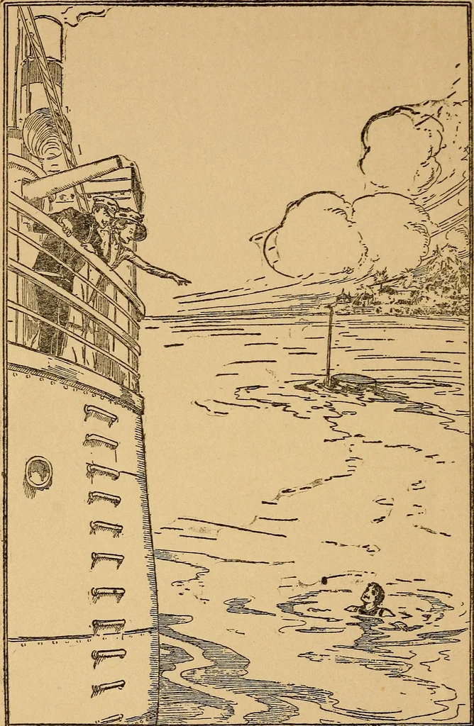 An illustration from The submarine boys and the spies : or, Dodging the sharks of the deep, 1910, leaf 5
