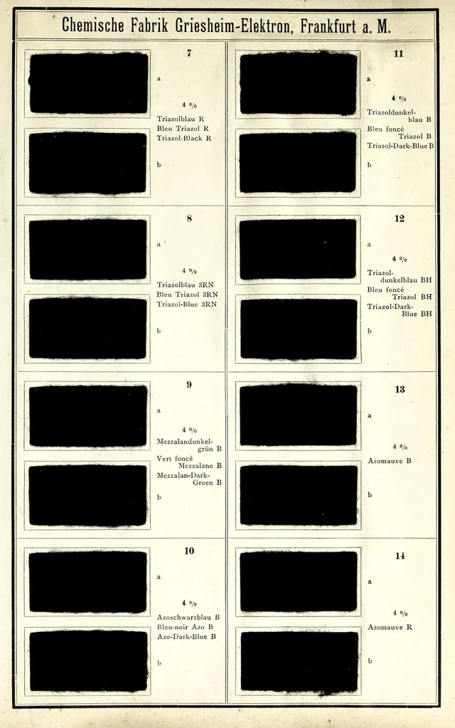 An illustration from Substantive Farbstoffe auf loser Baumwolle = Colorants substantifs sur coton en bourre = Direct colours on loose cotton, 1900, leaf 35
