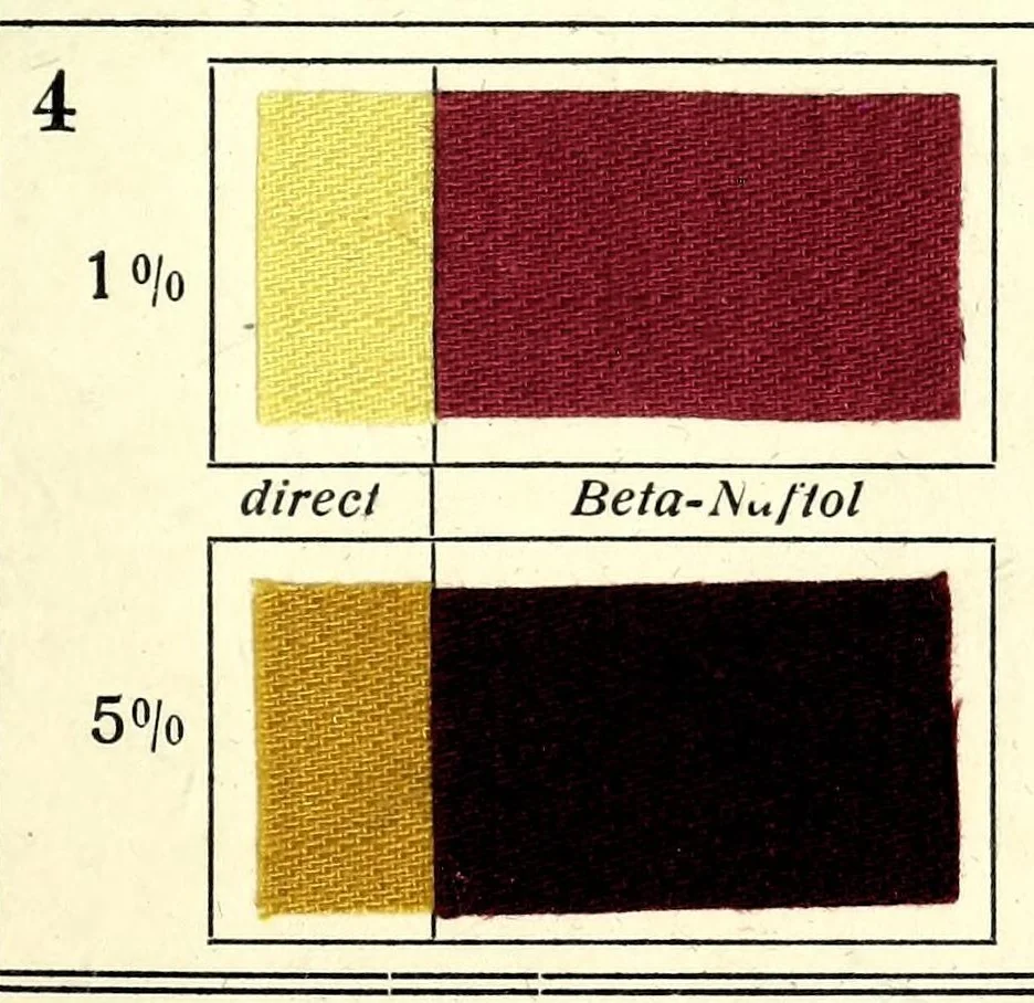 An illustration from Substantive Farbstoffe auf Baumwoll-Stückware. Band II : Entwicklungs- und Nachbehandlungs-Farbstoffe = Substantive colours on cotton piece goods. Volume II : dyestuffs for developing and for after-treatment, 1920, leaf 37