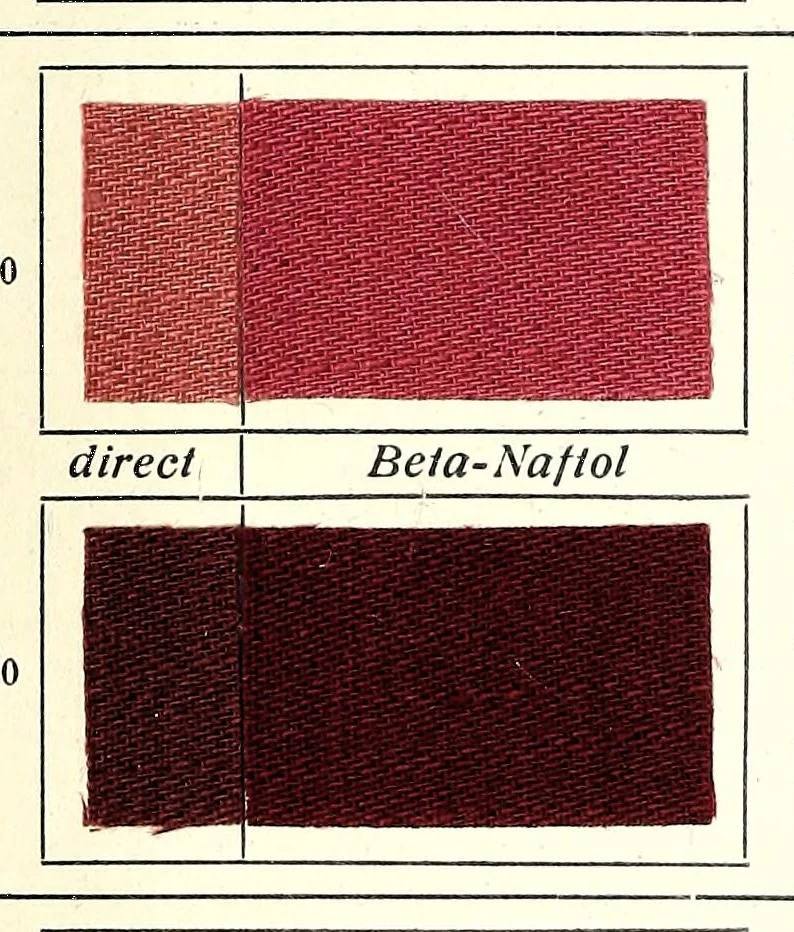 An illustration from Substantive Farbstoffe auf Baumwoll-Stückware. Band II : Entwicklungs- und Nachbehandlungs-Farbstoffe = Substantive colours on cotton piece goods. Volume II : dyestuffs for developing and for after-treatment, 1920, leaf 40