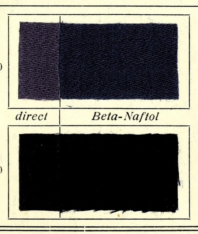 An illustration from Substantive Farbstoffe auf Baumwoll-Stückware. Band II : Entwicklungs- und Nachbehandlungs-Farbstoffe = Substantive colours on cotton piece goods. Volume II : dyestuffs for developing and for after-treatment, 1920, leaf 45