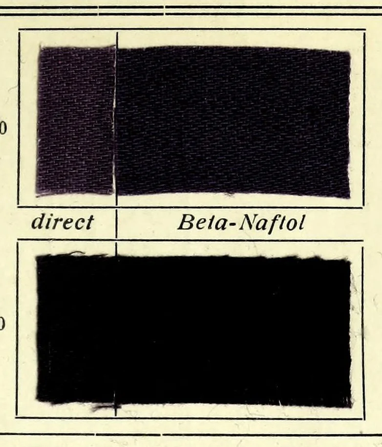 An illustration from Substantive Farbstoffe auf Baumwoll-Stückware. Band II : Entwicklungs- und Nachbehandlungs-Farbstoffe = Substantive colours on cotton piece goods. Volume II : dyestuffs for developing and for after-treatment, 1920, leaf 47