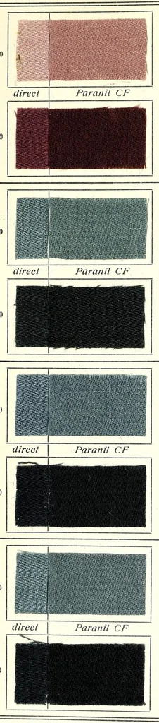 An illustration from Substantive Farbstoffe auf Baumwoll-Stückware. Band II : Entwicklungs- und Nachbehandlungs-Farbstoffe = Substantive colours on cotton piece goods. Volume II : dyestuffs for developing and for after-treatment, 1920, leaf 52