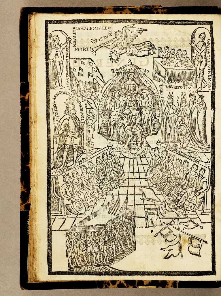 An illustration from Summaria investigacion de el origin, y privilegios, de los ricos hombres o nobles, caballeros, infanzones o hijos dalgo, y señores de vassallos de Aragon, y del absoluto poder queen ellos tienen. : Parte primera, 1664, leaf 26