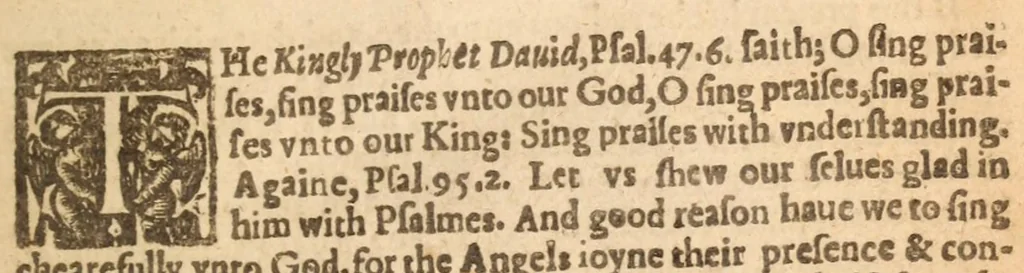 An illustration from The Whole booke of Psalmes : with the hymnes evangelicall, and songs spirituall ; composed into 4 parts by sundry authors, with such severall tunes as have beene, and are usually sung in England, Scotland, Wales, Germany, Italy, France, and the Netherlands ..., 1633, leaf 21
