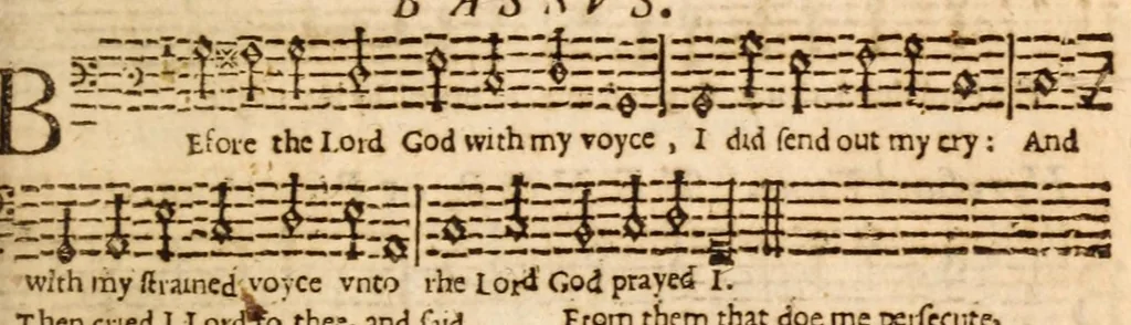 An illustration from The Whole booke of Psalmes : with the hymnes evangelicall, and songs spirituall ; composed into 4 parts by sundry authors, with such severall tunes as have beene, and are usually sung in England, Scotland, Wales, Germany, Italy, France, and the Netherlands ..., 1633, leaf 271